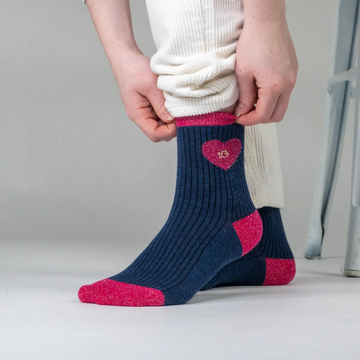 chaussettes_en_coton_peign_coeur__marine_et_rose_3.webp BILLYBELT Chaussettes en coton peigné Coeur ->Femme Chaussettes Fantaisie